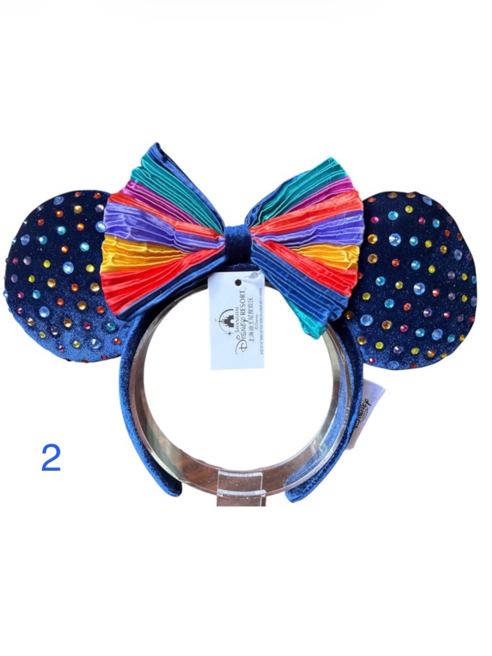 Disney Minnie Mouse Ears Blue Velvet With Rhinestones and Rainbow Bow NEW! 2
